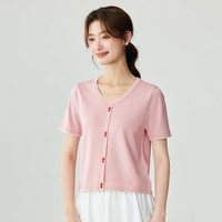 茵曼（INMAN）冰丝凉爽薄款短袖针织衫女夏季撞色花边减龄舒适上衣 粉桃红 S