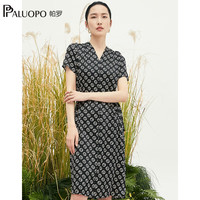 帕罗(PALUOPO)连衣裙碎花显瘦气质法式雪纺女装V领复古中长款夏季短袖真丝裙子 黑