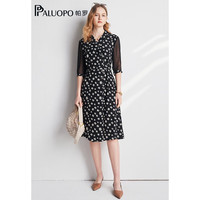 帕罗（PALUOPO）清新印花连衣裙真丝桑蚕丝西装领蕾丝女夏季透气波点印花茶歇裙 黄黑夹花 M (160/84A)