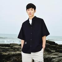 夏季时尚潮流百搭休闲舒适口袋刺绣衬衣宽松纯棉短袖衬衫男装