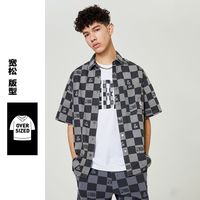 【NBA联名】衬衫男装个性时尚棋盘格装饰牛仔衬衫男士短袖上衣