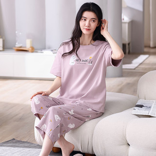 芬腾女士睡衣夏季纯棉短袖圆领套装女款休闲透气大码可外穿家居服 X98424833浅紫 L （110-125斤）