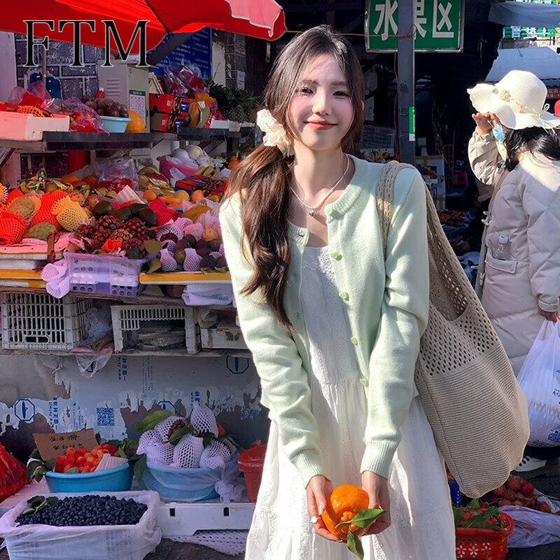 斐特玛清新蜜瓜绿长袖针织开衫女2024早春秋气质毛衣外套女百搭圆领 绿色 S 模特码（适合75-100斤）