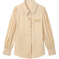 衣香丽影尖领泡泡袖衬衫女新款时尚木耳边设计优雅上衣 奶油米