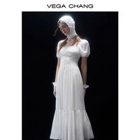 VEGA CHANG短袖连衣裙女秋季法式方领泡泡袖气质减龄白色长裙