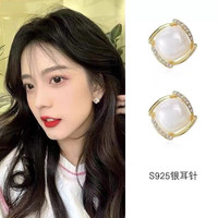 KOSES925银针方形仿珍珠耳钉女镶钻小众设计感复古法式高级轻奢 方形水钻白珍珠