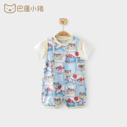 巴厘小猪 宝宝哈衣夏季短袖新生儿爬爬服假两件运动连 动感篮球 66cm