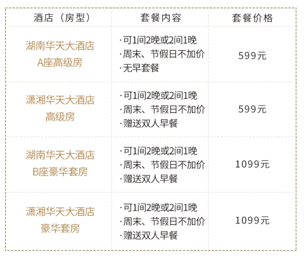 周末/五一/暑假全不加价!低至299元/晚!长沙湖南华天大酒店&潇湘华天大酒店2晚通兑