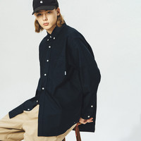 714street复古条纹长袖衬衫男秋季宽松衬衫外套蓝色休闲衬衣 深蓝色长袖 XL