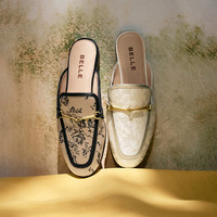 百丽女鞋子花纹平底包头拖复古新中式乐福穆勒鞋女可外穿BNB36BH4 杏色 38