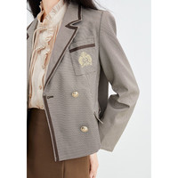 秋水伊人格纹春季西装直筒气质复古休闲学院风小个子西装外套女 咖啡色 L