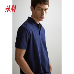 H&M 男装Polo衫夏季纯色商务通勤男士翻领短袖上衣1209183 海军蓝 S 170/92