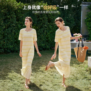 Olrain欧芮儿镂空条纹针织连衣裙女装夏气质短袖圆领拼接长裙