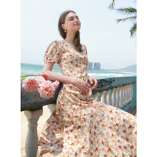 三彩独醒2024夏季花边V领连衣裙碎花雪纺长裙小个子度假 香槟色花卉 S 155/80A
