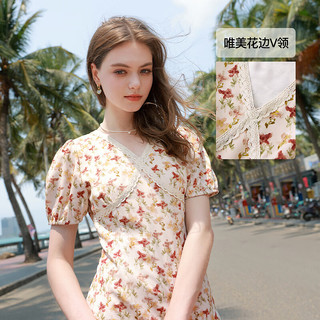 三彩独醒2024夏季花边V领连衣裙碎花雪纺长裙小个子度假 香槟色花卉 S 155/80A