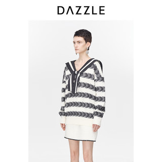 DAZZLE刘雯同款地素条纹毛衫春秋装新款复古海军风提花长袖上衣女 黑色 M