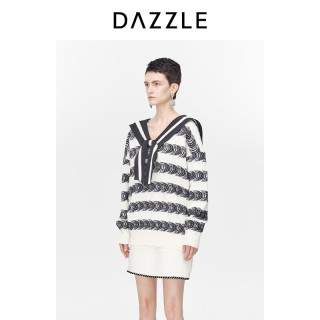 DAZZLE刘雯同款地素条纹毛衫春秋装新款复古海军风提花长袖上衣女 黑色 M