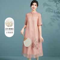 【新中式国风刺绣裙】桑蚕丝夏季立领短袖舒适透气连衣裙女中长款