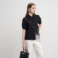 sdeer圣迪奥女装25夏复古翻领欧根纱拼接短袖衬衫S252Z0406 M/165