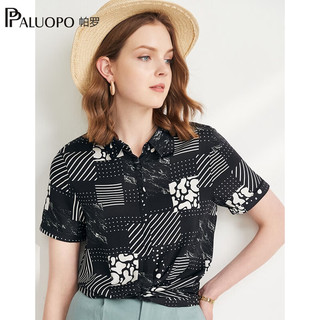 帕罗（PALUOPO）真丝印花衬衫女装休闲短袖袖线条叠影衬衣夏季桑蚕丝上装 黑色 XL (170/92A)