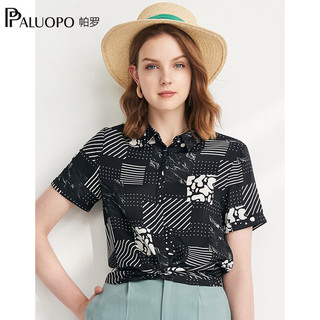 帕罗（PALUOPO）真丝印花衬衫女装休闲短袖袖线条叠影衬衣夏季桑蚕丝上装 黑色 XL (170/92A)