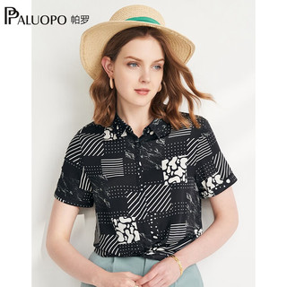 帕罗（PALUOPO）真丝印花衬衫女装休闲短袖袖线条叠影衬衣夏季桑蚕丝上装 黑色 XL (170/92A)