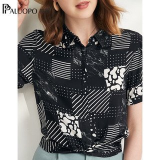 帕罗（PALUOPO）真丝印花衬衫女装休闲短袖袖线条叠影衬衣夏季桑蚕丝上装 黑色 XL (170/92A)