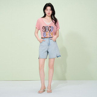 Basic House/百家好复古水洗牛仔短裤高腰小开叉直筒裤子夏季 L