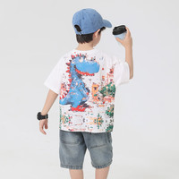 悠悠童话儿童短袖T恤夏季男童夏衣服夏装2025潮中大童时尚打底衫 白色大恐龙  WG28222 130