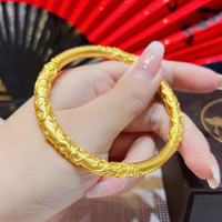 小腰金古法黄金手镯实心100克浮雕花纹999足金镯子女士磨砂棍镯时尚 古法金实心手镯约100克