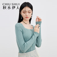 秋水伊人针织开衫季方领修身百搭小个子休闲弹力上衣女显瘦T恤 果绿 S