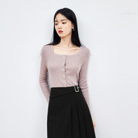 秋水伊人针织开衫季方领修身百搭小个子休闲弹力上衣女显瘦T恤 灰紫 L