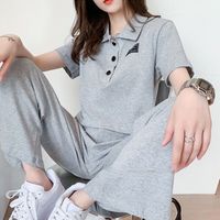 Jret炸街套装女2024穿搭洋气休闲运动时尚短袖上衣+高腰阔腿裤两件套 灰色套装