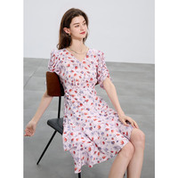 三彩2025夏季法式度假风连衣裙草莓印花荷叶边A字裙女 红蓝 XL 170/92A
