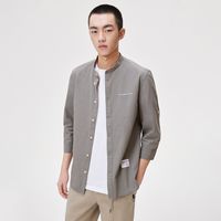 秋季商务休闲立领简约字母刺绣装饰开衫七分袖纯棉衬衫男士上衣