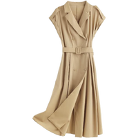 帕罗（PALUOPO）连衣裙女收腰西装领腰带显瘦纯色短袖夏季中长款新款裙子