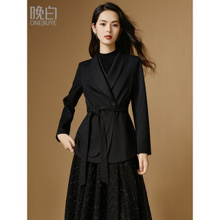 晚白【直降】时尚简约气质休闲外套百搭通勤青果领西装外套女 黑色 S