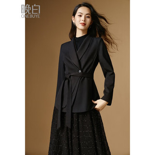 晚白【直降】时尚简约气质休闲外套百搭通勤青果领西装外套女 黑色 S