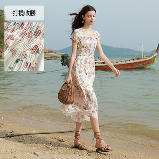 三彩2024夏季新款雪纺印花连衣裙法式方领收腰A字裙浪漫长裙度假   155/80A