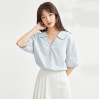 佐丹奴轻薄亚麻上衣女 老钱风亚麻衬衫 娃娃领棉麻泡泡衫13344310 L
