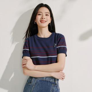 冰爽丝薄款条纹针织衫女2025夏季时尚百搭绣花透气舒适上衣