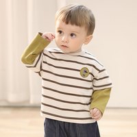 巴厘小猪男童t恤春秋季a类棉婴幼儿休闲服女童洋气假两件宝宝春装儿童上衣 红黑条纹 73