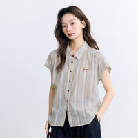 文艺绣花彩色条纹短袖衬衫女2025夏季时尚连袖百搭舒适衬衣