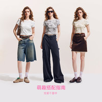 ONLY2025夏季辣妹复古个性做旧满印修身正肩短袖T恤女 G41 浅花灰 175/92A/XL