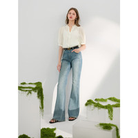 三彩2024夏季莱赛尔小衫木耳边V领系带上衣泡泡袖宽松甜美 奶白色 L 165/88A