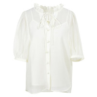 三彩2024夏季新款莱赛尔小衫木耳边V领系带上衣泡泡袖宽松甜美