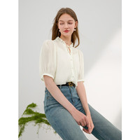 三彩2024夏季莱赛尔小衫木耳边V领系带上衣泡泡袖宽松甜美 奶白色 M 160/84A