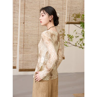 三彩【白桃清欢】2025春季新中式修身蕾丝衫晕染印花小衫C 米白色 L 165/88A