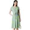 帕罗（PALUOPO）田园印花真丝短袖连衣裙女夏季新款碎花V领花边桑蚕丝A字裙时尚 蓝绿夹花