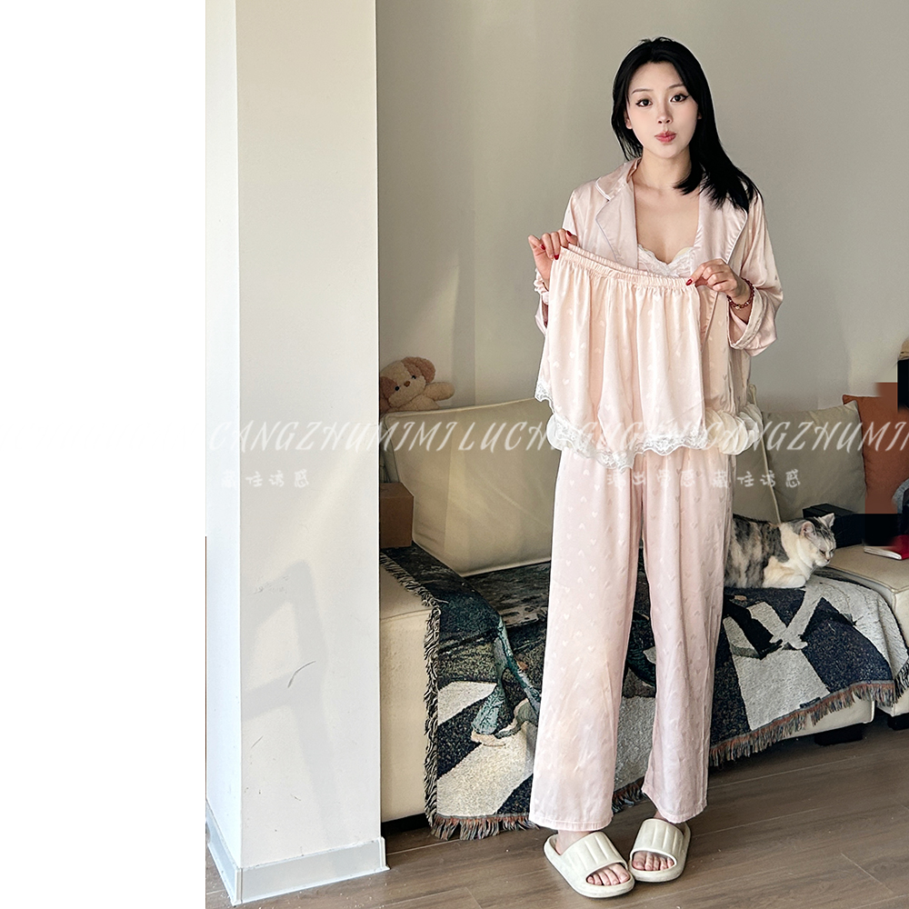冰丝睡衣女夏季薄款带胸垫高级感长袖四件套家居服套装2025